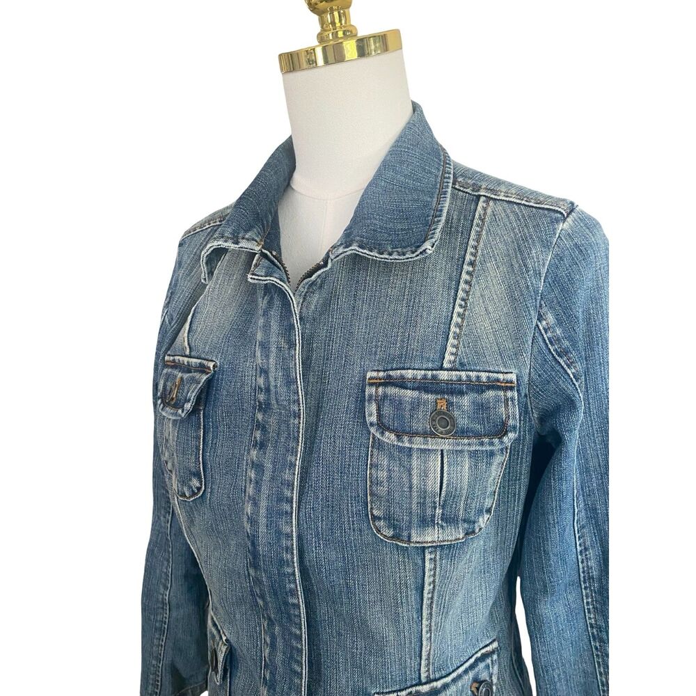Vintage Talbots Denim Utility Jacket 10P Y2K Blue Jean Trucker Safari Chore Coat - Picture 3 of 12